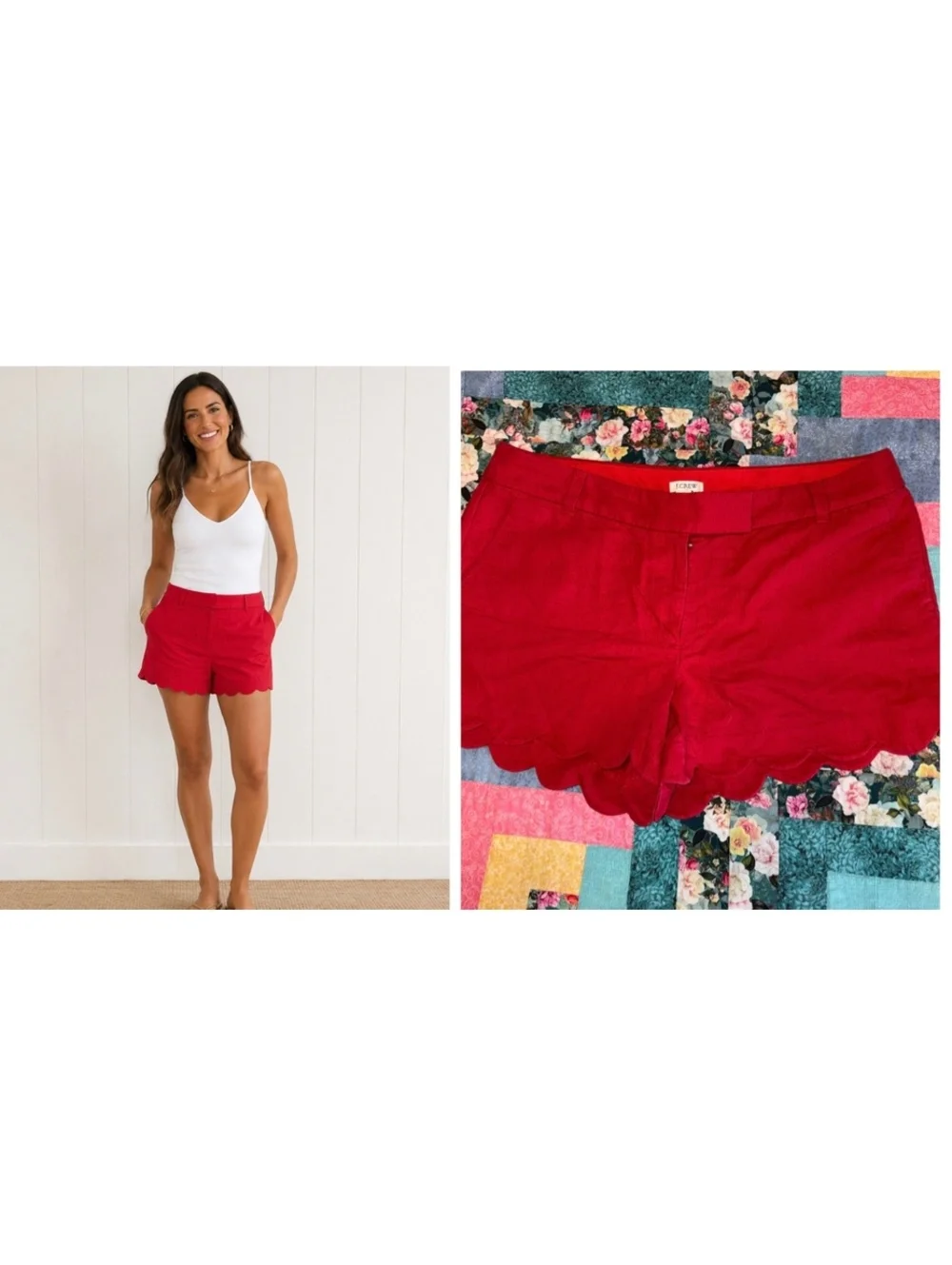J.Crew 53% Linen Blend Woman’s Size 12 Red Scalloped Hem Linen Shorts
